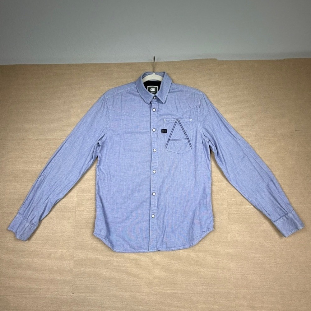 G-Star Raw A Crotch Long Sleeve Shirt Blue Snap Button Down Mens Medium 83601B